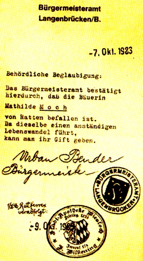 (Certification by the local authority:  The farmer's wife is infested with rats. As she is a person of good standing, she may be given poison.)